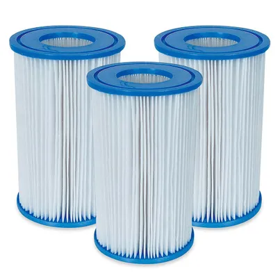 Three white pleated filter cartridges with blue tops and bottoms are arranged in a group against a white background.