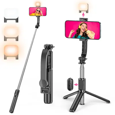 Produktbild von Selfie Stick Stativ mit Fülllicht, 4-in-1 Erweiterbar mit Abnehmbarer Fernbedienung & 360° Drehbarem Handyhalterung, Tragbares Reisestativ