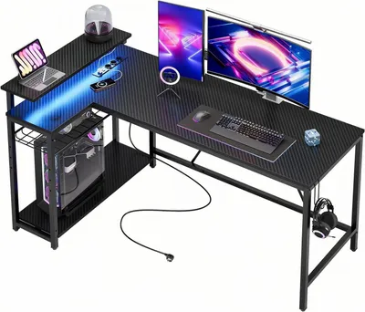 Zdjęcie produktu dla Biurko gamingowe – biurko narożne w kształcie litery L – zapewniające efektywną pracę – z wbudowanymi portami USB i gniazdkami elektrycznymi – szerokość 147 cm – kolor czarny
