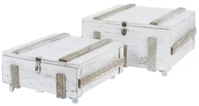 Image de Casa Padrino Coffres en bois de style rustique shabby chic, lot de 2, blanc antique - Décoration de salon