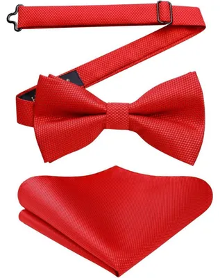 Immagine prodotto di Set da uomo composto da cravatta a farfalla pre-legata e fazzoletto da taschino, colore rosso, realizzata in poliestere e seta, con sistema di regolazione