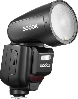 A black Godox V1Pro camera flash is shown against a white background.