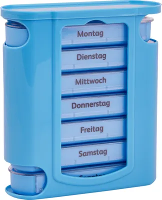 Produktbild von WELLGRO Tablettenbox für 7 Tage, Pillendose je 4 Fächer pro Tag, Medikamentenbox Kunststoff BPA-frei, Farbe wählbar, Farbe:Hellblau