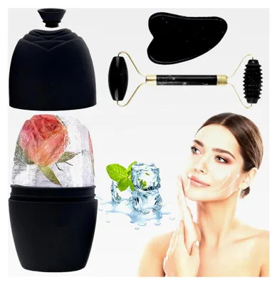 Produktbild von Gua Sha Stein aus Jade, Ice Roller Set für Gesichtsmassagen, Eisroller für Gesicht, Augen, Hals - Gesichtsmassage gegen Augenschwellungen und zur Hautstraffung