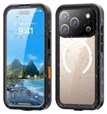 Image de Etui étanche pour iPhone 17 Pro, compatible MagSafe, étanche à la poussière et à la neige, étui de protection complet IP68 avec protecteur d'écran intégré noir