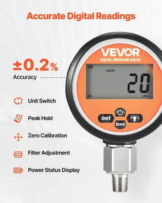Produktbild von VEVOR Digitaler Hydraulikdruckmesser, 0-700 Bar (0-10000 PSI) Hydraulikdrucksensor, Manometerprüfer mit NPT-Basisanschluss für Bagger-Baumaschinen, wasserdichtes Gehäuse aus Edelstahl, 1 x Manometer, 10000 PSI