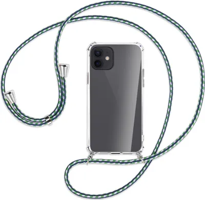 Produktbild von Handykette Backcover-Schutzhülle mit Band (Metall silberfarben) für Apple iPhone 12, 12 Pro - grün/blau/weiß