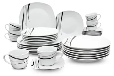 Produktbild von Retsch Arzberg 509031301 Kombiservice Cosmos für 6 Personen + Linien, Porzellan, quadratisch (abgerundet), weiß/schwarz/grau (1 Set, 30-teilig)