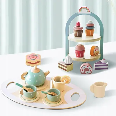 Produktbild von Holz Spielzeug Teeset Kinder Teeservice Zubehör Set mit Tablett und Tassen