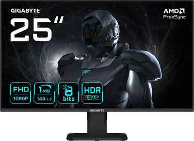 A marketing image of a Gigabyte gaming monitor, displaying its features.