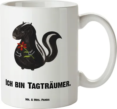 Produktbild von Mr. & Mrs. Panda weisse tasse Stinktier Blume - Weiß - Geschenk, Raubtier, Wildtier, Träume, Große Teetasse, Dreams, Keramikbecher, Pott, Skunk, Riesentasse