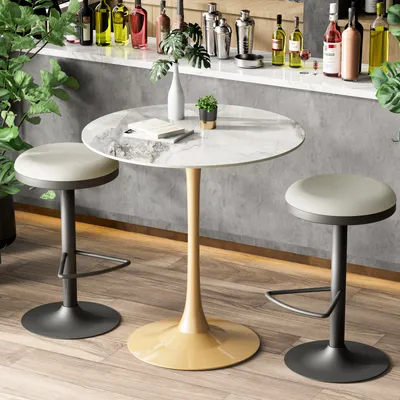 A round marble-top bar table with two stools in a modern setting.