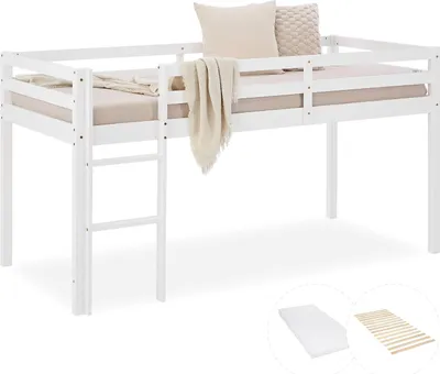 Produktbild von Homestyle4u Hochbett Massivholz Kiefer Weiß, Liegefläche 90x200 cm, Maße 207.5x99.5x110 cm (LxBxH), inkl. Lattenrost, Matratze & Leiter, Nischenhöhe 75 cm, wechselseitig montierbar, für Kinder & Jugend, nach EU-Sicherheitsstandards