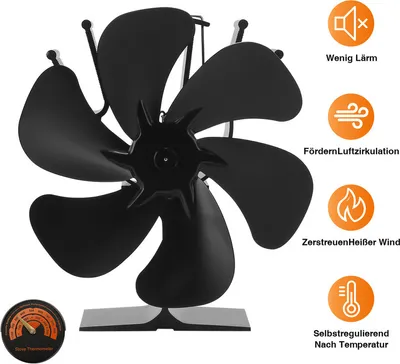 Obrázok produktu pre SWANEW 6-lopatkový krbový ventilátor, beznapäťový ventilátor pre krbové kachle na drevo, tichá prevádzka, ventilátor krbových kachlí na drevo / horáky na drevo / krb s teplomerom