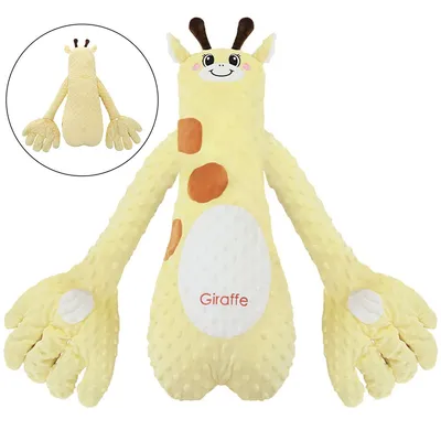 A plush giraffe toy with long arms and hands, shown against a white background. A smaller inset image shows the same toy from a different angle.