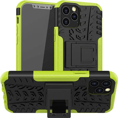 A protective phone case with a kickstand is displayed from multiple angles.