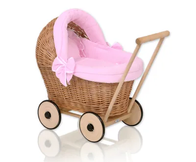 Produktbild von Puppenwagen aus Korbgeflecht mit rosa Bettzeug und weicher Polsterung - natur