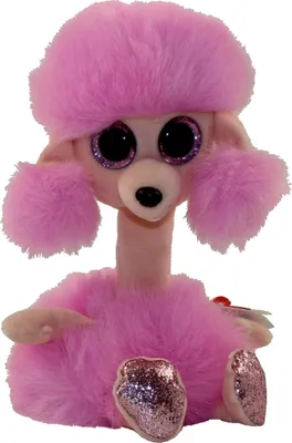 A pink plush poodle toy sitting down.