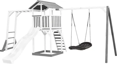 Zdjęcie produktu dla AXI Beach Tower with Climbing Frame and Roxy Nest Swing Grey/white - White Slide, Domek dla dzieci na nóżkach, 3 lat(a), Ślizgawka, Szary, Biały