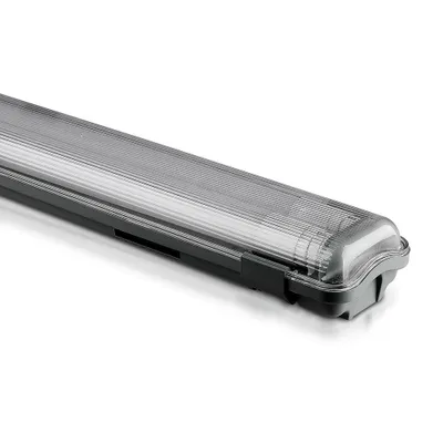 A close-up, angled view of a waterproof LED light fixture against a white background.