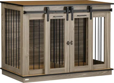 Produktbild von Hundekäfig, Haustierkäfig, Hundehütte Mit Zweiraum-Option Für Mittelegroße Hunde, Hundebox Mit Doppeltüren, Hundehaus, Eiche