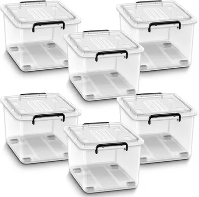 Produktbild von Set aus 6 stapelbaren Lagerkisten mit Deckel für Lebensmittel und Kleidung