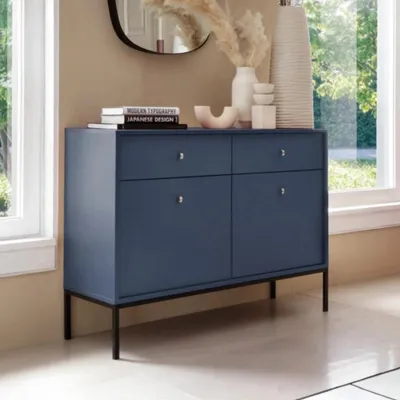 Productafbeelding van RAVIO Stijlvolle commode Bari KSZ104, dressoir met twee lades en twee deuren, geschikt voor de woonkamer (donkerblauw + zwarte poten)