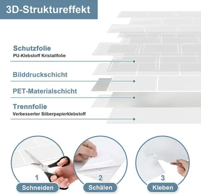 Produktbild von Izrielar Fliesenaufkleber 30,5x30,5cm Fliesen-Folie 10 Stück Deko selbstklebende Klebefliesen Weiß für Küche Bad Wohnzimmer Zimmer