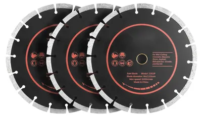 Obrázok produktu pre Diamantové kotúče na rezanie 230 mm - sada 3 kusov. Priemer otvoru: 22,23 mm. Výška segmentu: 10 mm. Vhodné na suché aj mokré rezanie. Určené na betón, murivo a kameň. Maximálna rýchlosť: 5 500 ot./min