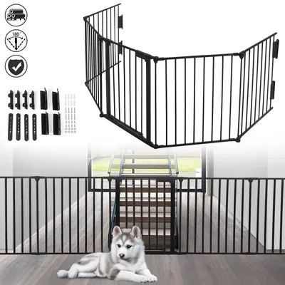 Productafbeelding van NAIZY Kachelbeschermrooster, 5-delig, 300 cm, gepoedercoat metaal. Ovenrooster, hondenhek, afschermingsrooster met deur die 270° opent, met dubbele vergrendeling, geschikt voor wandmontage of als vrijstaand model