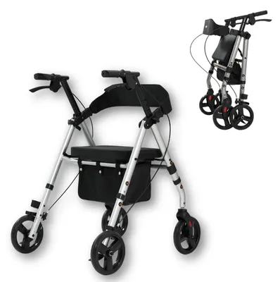Produktbild von Wollex Rollator Silber leicht faltbar mit Sitz und Einkaufstasche für Indoor & Outdoor