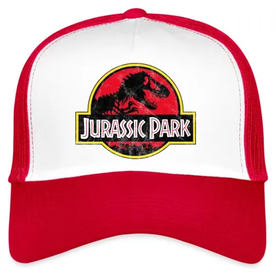 Produktbild von Spreadshirt Jurassic Park Klassisches Logo In Rot Mit T-Rex Trucker Cap, One size, Weiß/Rot