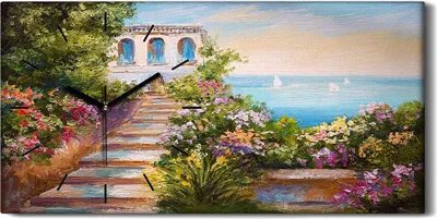 Produktbild von Wandbild Leinwand Bilder mit Uhr 60x30 Ölgemälde Blumen Meer Himmel Kunst - schwarze Hände