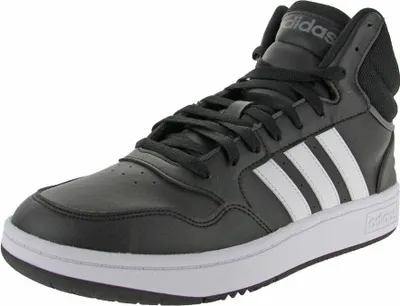 A studio shot of a black Adidas Hoops 3.0 Mid Classic Vintage sneaker against a white background.