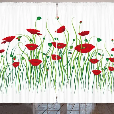 Produktbild von ARANDE Mohn Gardine, Scharlachrote Blumen und Knospen auf einer ländlichen Feld-Erneuernatur des Land-Themas, 280 x 245 cm, Scarlet Grün Weiß