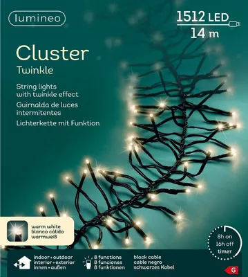 Produktbild von Lumineo Lichterkette CLUSTER TWINKLE 1512 LED 14 m warm weiß, schwarz