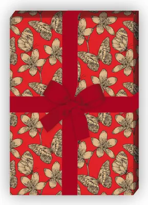 Produktbild von Wunderhübsches Schmetterlings Geschenkpapier, Dekorpapier mit Blüten, rot,  - G8615, 32 x 48cm