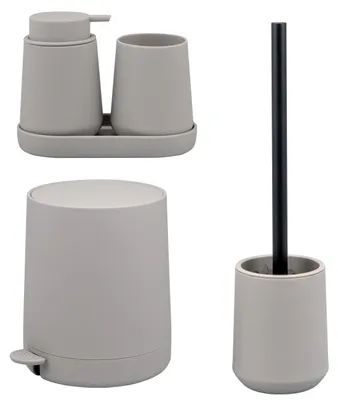 Obrázok produktu pre Sada doplnkov do kúpeľne eluno Bad-Set TESERO, 5-dielna, vrátane dávkovača mydla, pohára, misky, nádoby na kozmetiku s objemom 4 litre a toaletnej sady, všetko z plastu v odtieni taupe