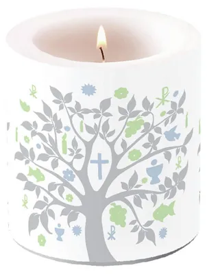 Produktbild von Kerze rund Communion Symbols Silver - Baum des Lebens silber / grün Ø 7,5cm, Höhe 8cm