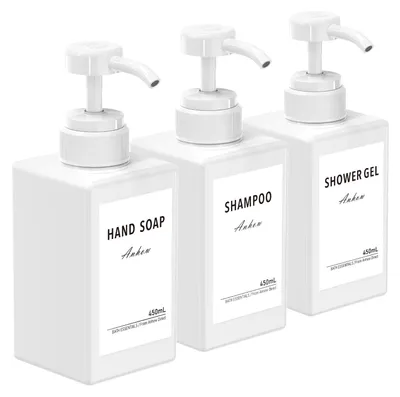 Immagine prodotto di Distributore di sapone a pompa, capacità 450 ml, bianco, con etichette per cucina e bagno