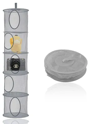 Image de Panier de rangement suspendu, sac en filet suspendu à 5 étages, organiseur suspendu pliable, panier en filet suspendu pour peluches, étagère suspendue, filet à jouets (gris)