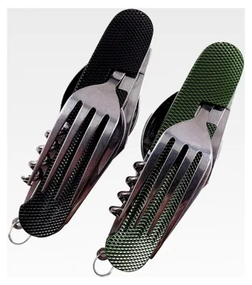 Produktbild von 6 in 1 Edelstahl Klappbesteck Set für Camping und Outdoor Reisen (Schwarz und Grün)