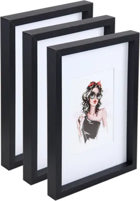 Three black picture frames are arranged diagonally, with the front frame showing a fashion illustration.