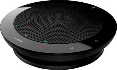 A black Jabra SPEAK 410 VoIP speakerphone is shown from a slightly elevated angle against a white background.