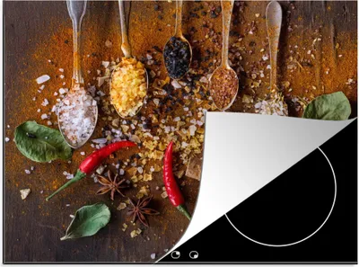 Produktbild von KitchenYeah© Herdabdeckplatte Löffel - Kräuter - Chili - Gewürze - Salz , 65x52cm, Küche Deko, Glaskeramikkochfeld Herdabdeckung, Abdeckplatte fùr Kochfeld
