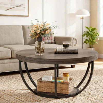 Image de Table basse en bois, deux niveaux - Table ronde - Table d'appoint - Table d'accent - Banc de rangement - Style industriel