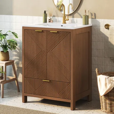 Immagine prodotto di Mobile sottolavello Merax da 61 cm con lavabo in Vetroceramica, armadietto da bagno con cassetto, mobile lavabo con motivo a onde, ripiani interni, ante con chiusura ammortizzata e finitura naturale