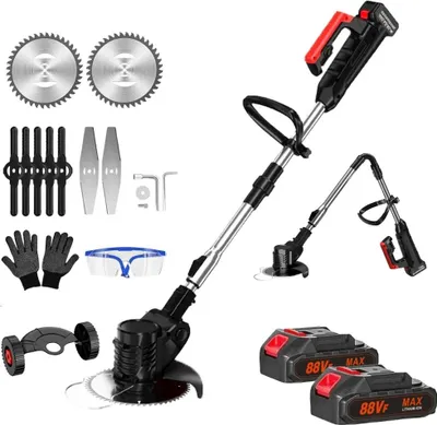 Produktbild von Akku-Rasenmäher, elektrischer Rasenmäher, mit 2 Batterien, Schnittwinkel 180°, Teleskopgriff und Zusatzgriff, klappbar, mit Rädern