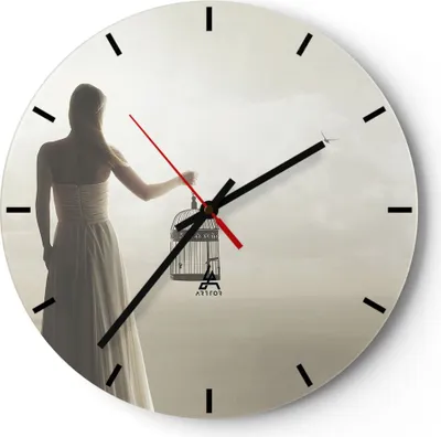 Produktbild von Wanduhr - Rund - Glasuhr - Frau Käfig Vogel - 30x30cm - Schleichendes Uhrwerk - Lautlos - zum Aufhängen bereit - Dekoration Modern - Wanddekoration aus Glas - C3AR30x30-4787