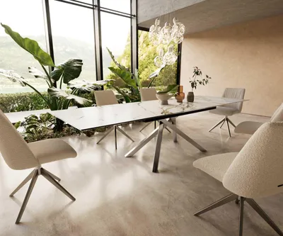 Produktbild von DELIFE Esstisch Edge 200-300x100 Keramik Calacatta Luxe Weiß-Gold-Grau Kreuzgestell Rechteck Edelstahl ausziehbar